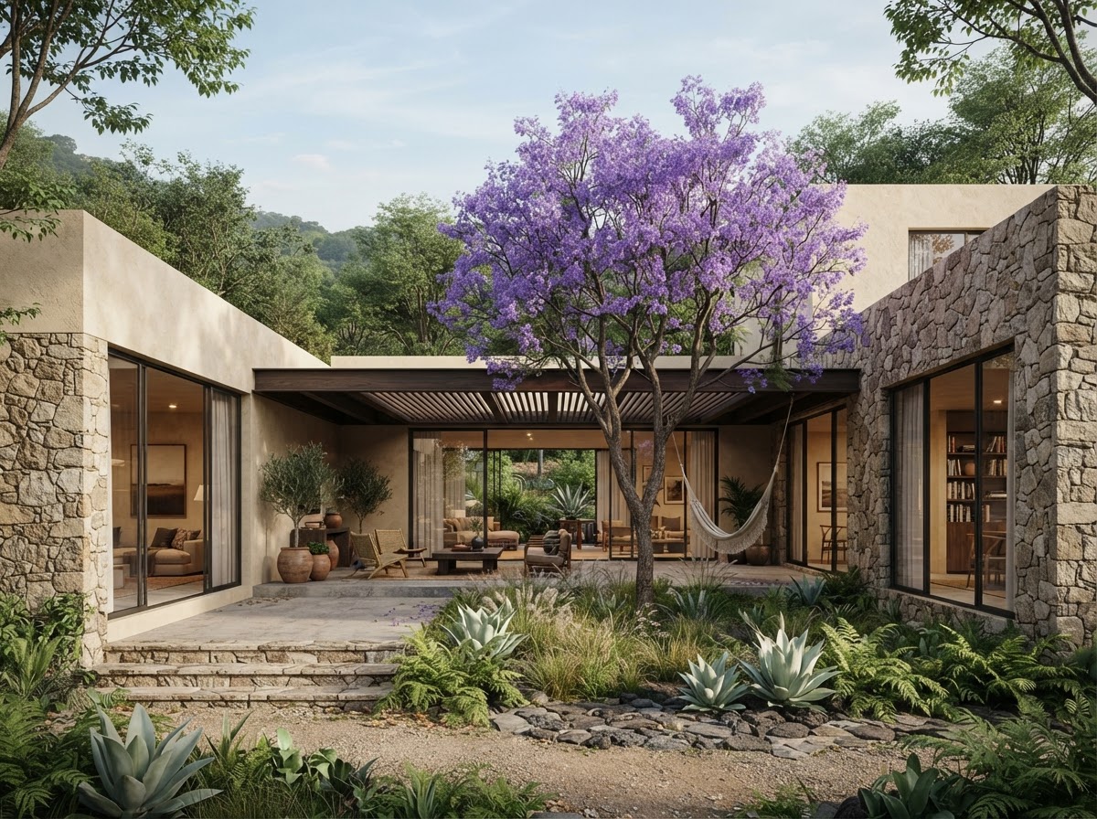 Casa conceptual de cal blanca y piedra alrededor de una jacaranda