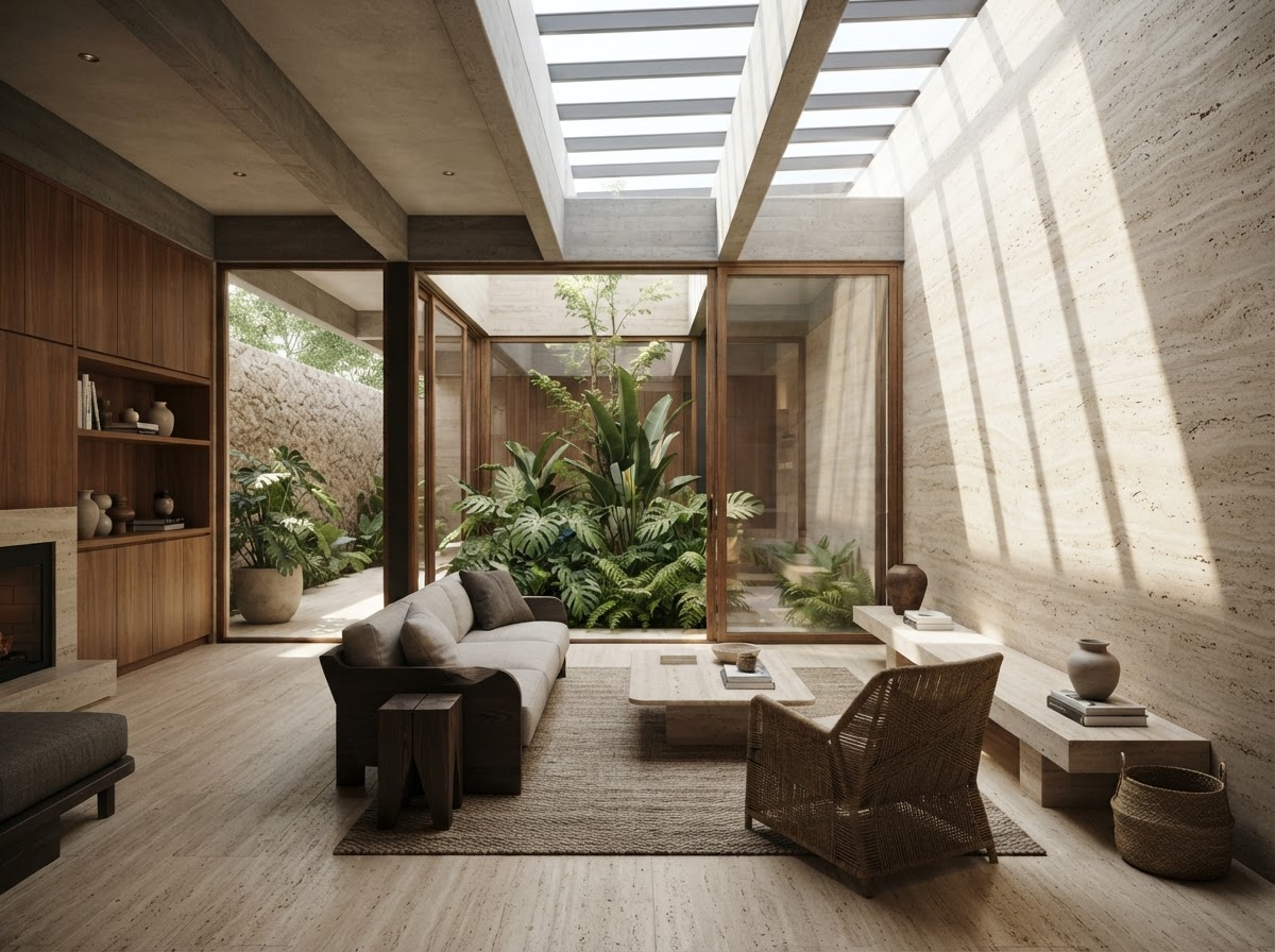 Interior conceptual de travertino y madera con luz filtrada y jardín