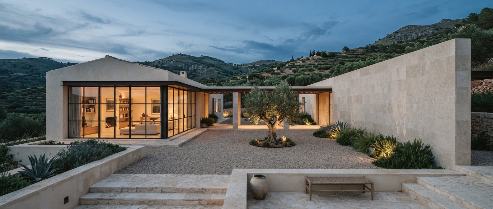 Estudio conceptual de Casa Patio con muros de piedra, patio central y vegetación