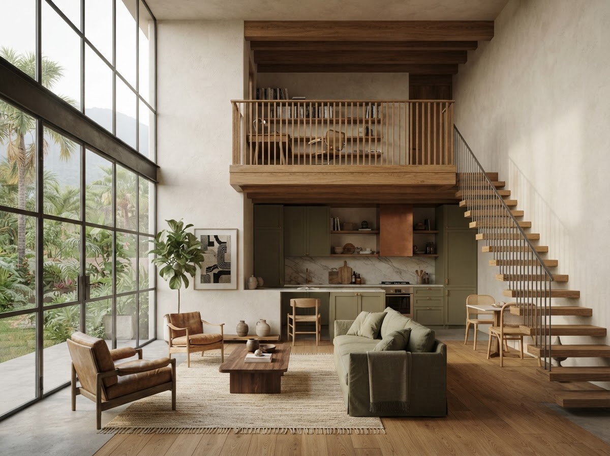 Loft conceptual de doble altura con madera y mobiliario verde olivo