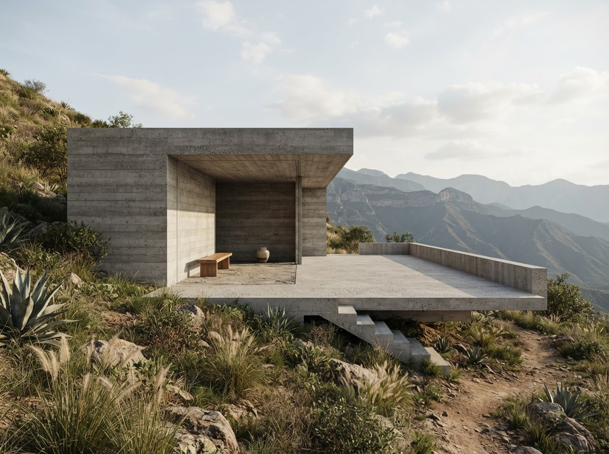 Mirador conceptual de concreto frente a montañas y vegetación nativa