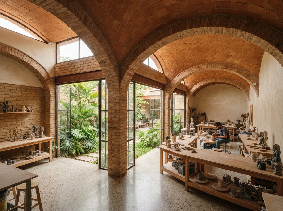 Taller creativo conceptual con bóvedas de tabique y mesa de madera